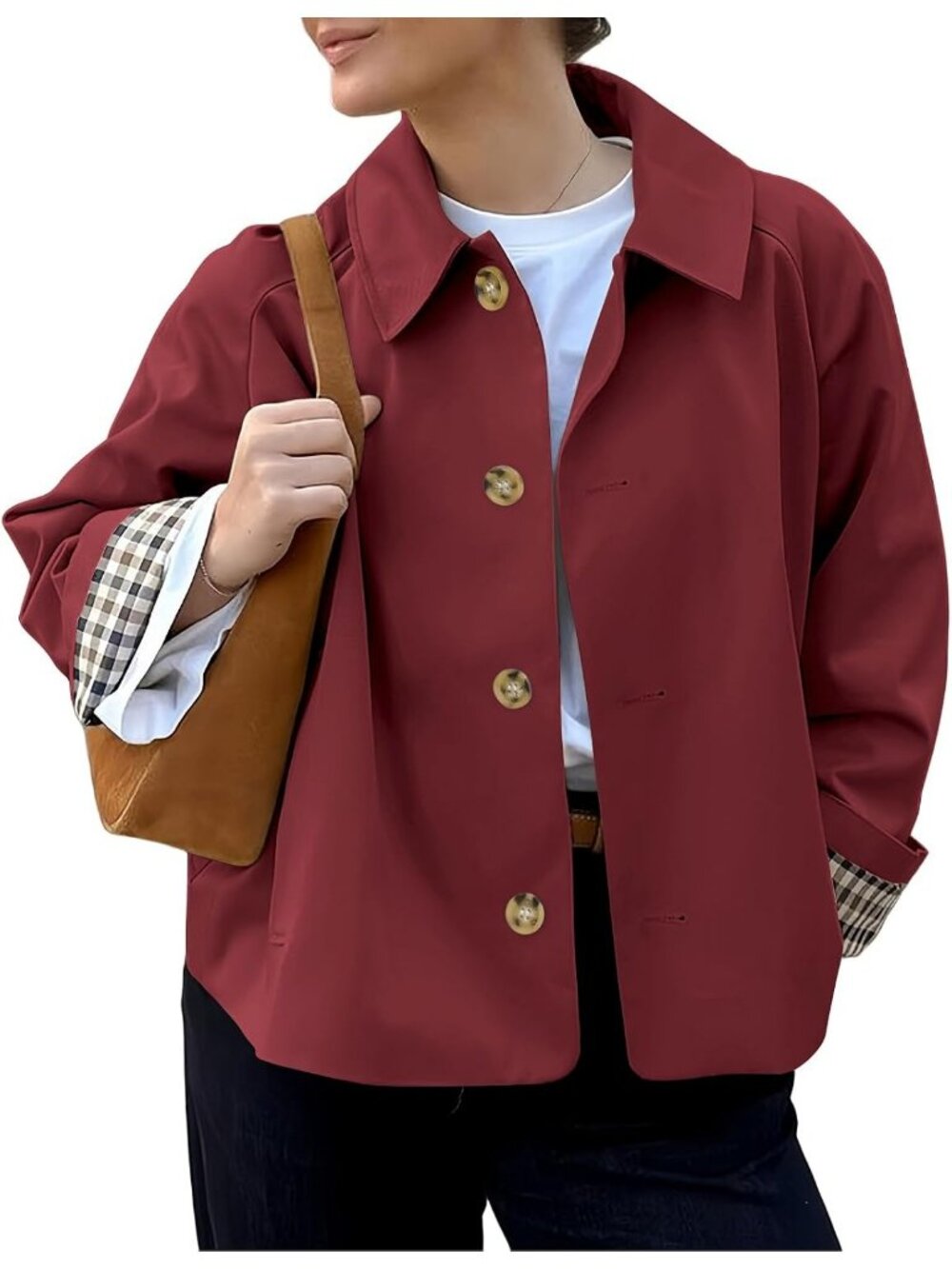 Women Maroon Cropped Single Breasted Button Front Plaid Cuff Lining Trench Coat